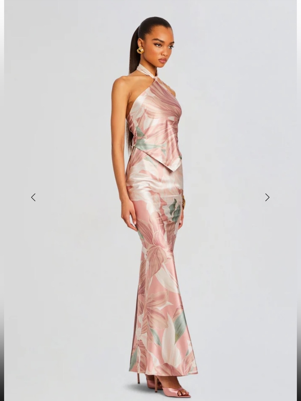 Retrofete Ester Halter Floral Satin Maxi Dress Dusty Pink Botanical